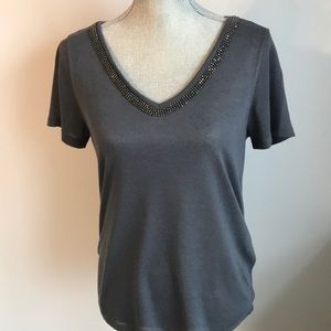 H and M V Neck Rhinestone Trim Tee